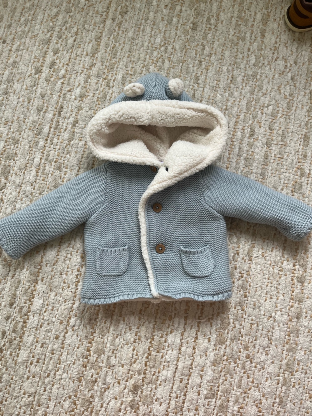 Cozy Light Blue Knit Baby Jacket with Sherpa Hood and Lining